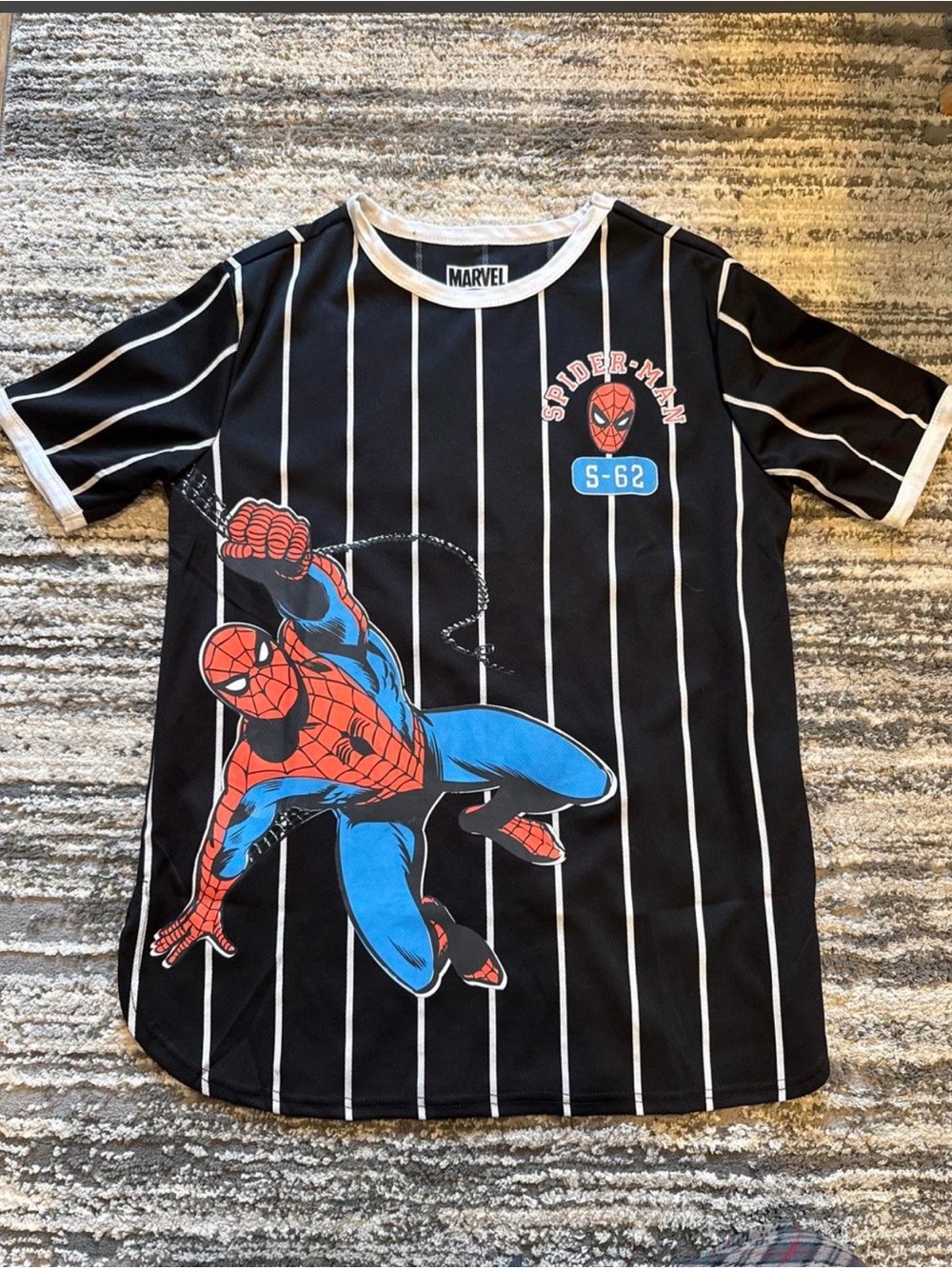 Marvel Black Pinstripe Spider-Man Graphic Tee with Red & Blue Print